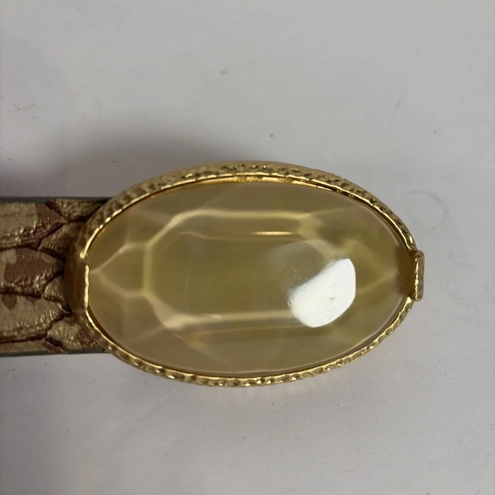 Chico's Snakeskin Pattern Leather Belt Gold Amber Lucite Buckle Adjustable M L